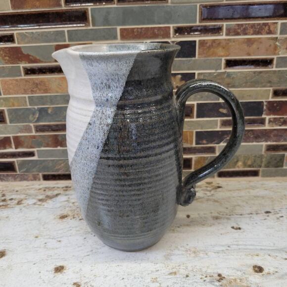 Vintage Studio Pottery Pitcher, Retro Hand Thrown, Grays and White - Picture 2 of 7